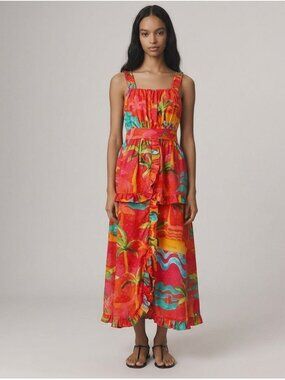 FARM Rio Red Ipanema Midi Dress Ruffle M  Tropical Resortwear